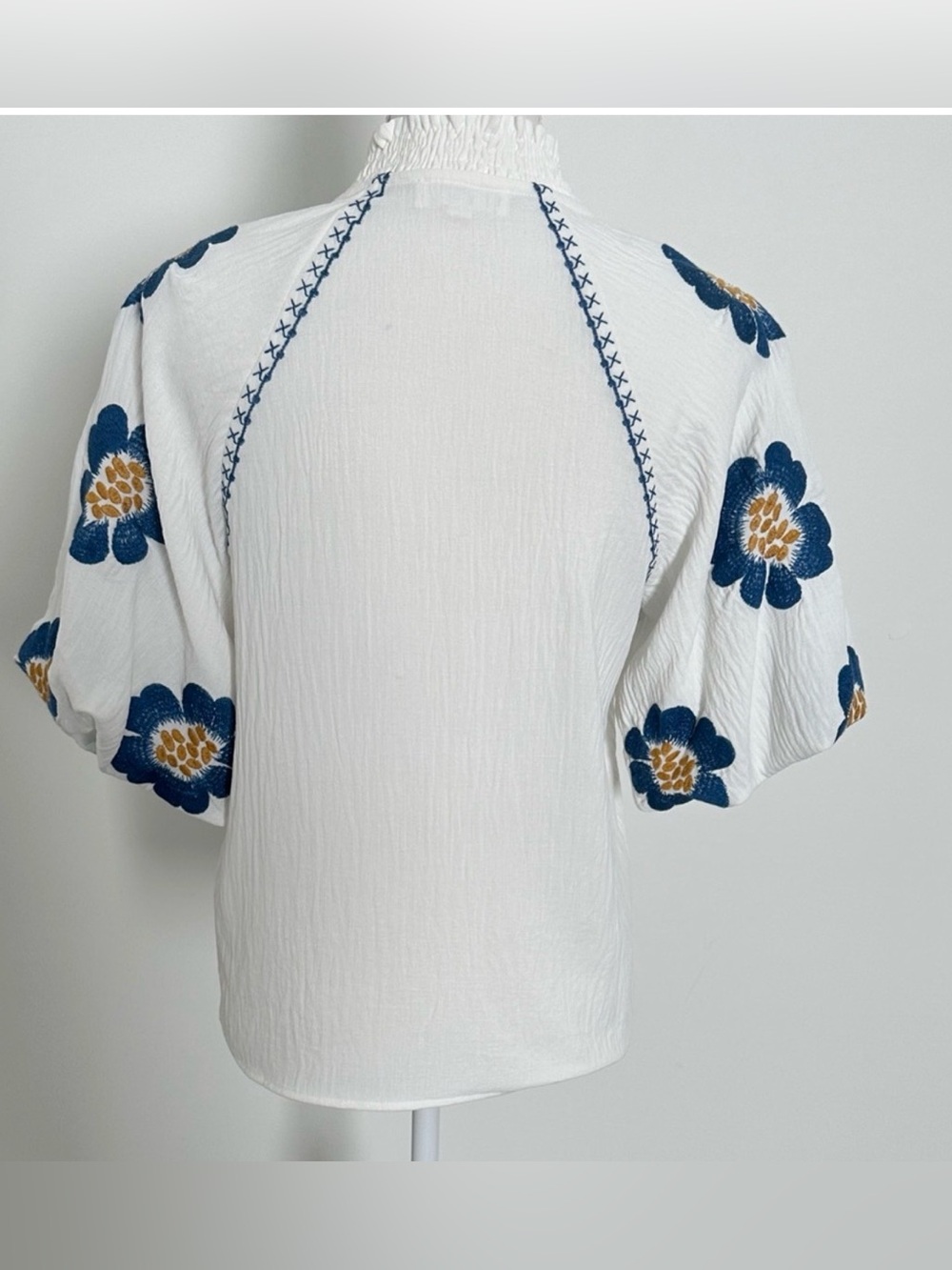 THML White Crinkled Puff-Sleeve Blouse with Blue & Gold Floral Embroidery - Picture 2 of 6